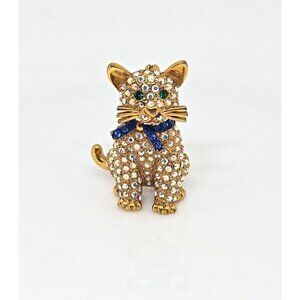 Signed Butler Cat Brooch Pin Vintage Aurora Borealis Blue Bow